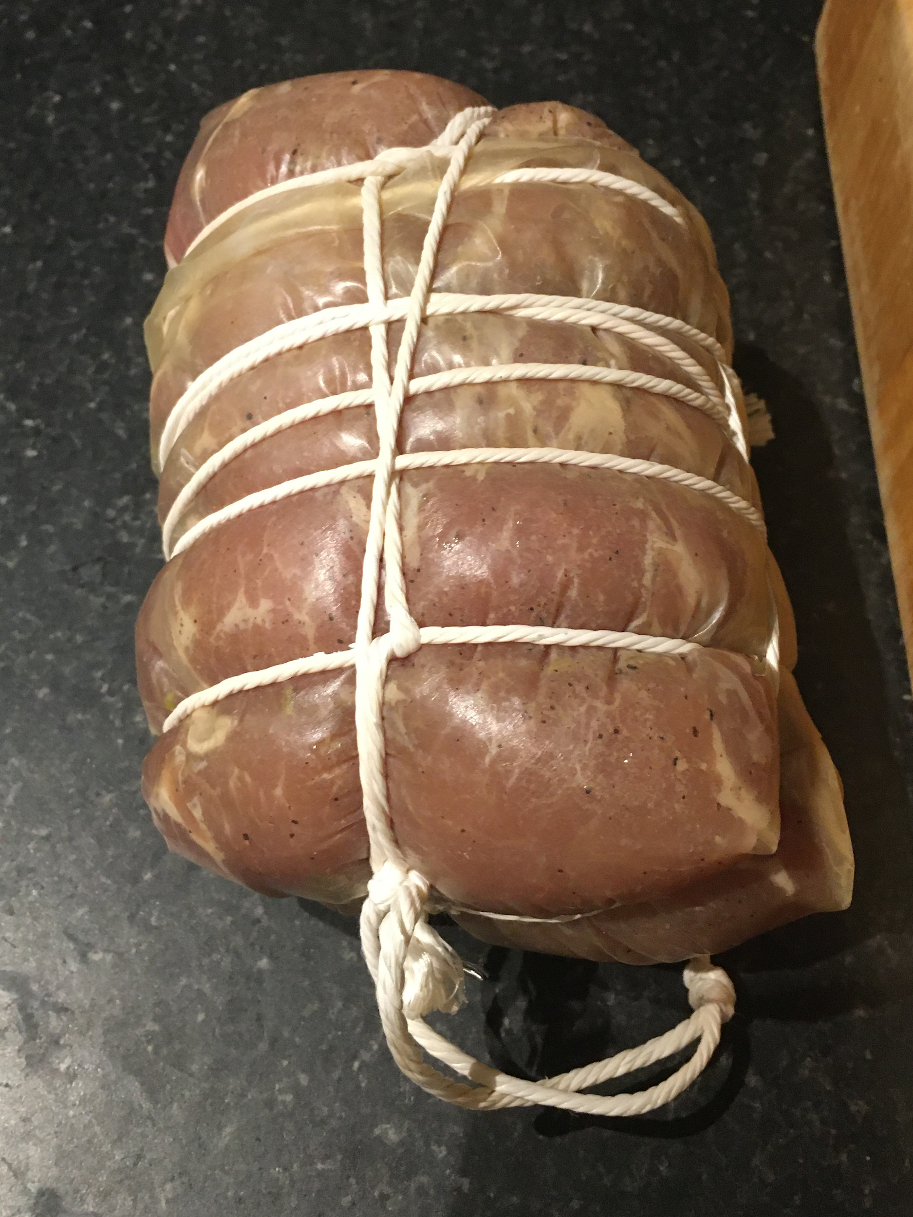 Pork tied in a casing ready for drying