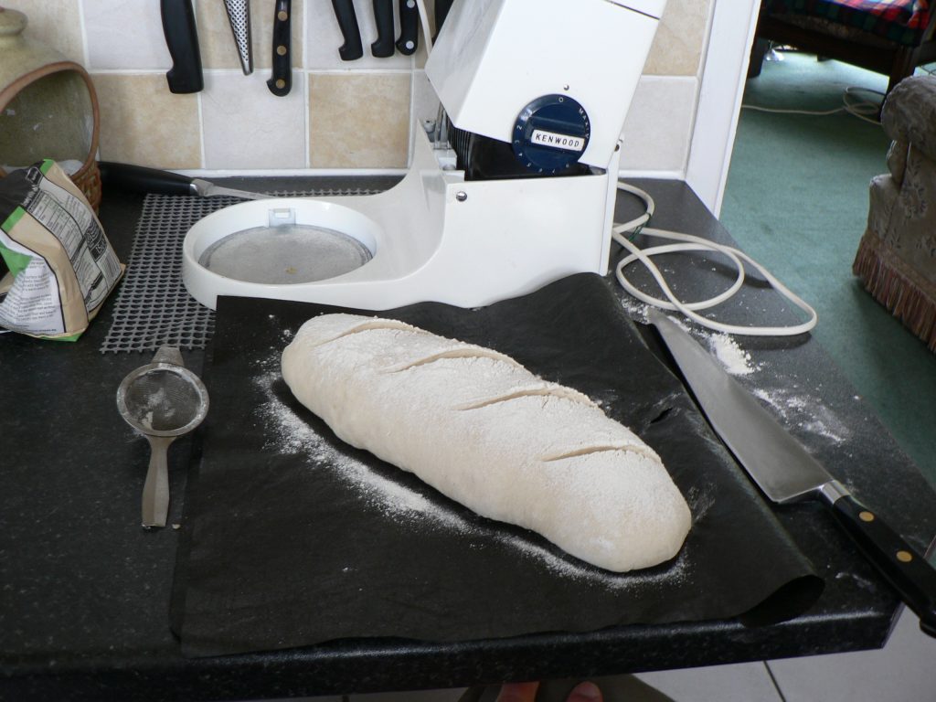 Bread dough shaped into a bloomer loaf (torpedo) shape.